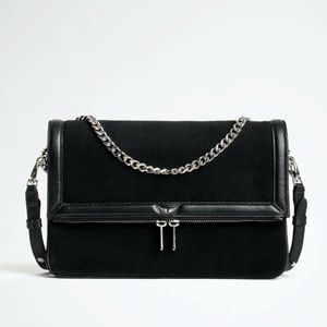 NEW Zadig & Voltaire Rock Novel Suede & Leather Shoulder Bag in Black